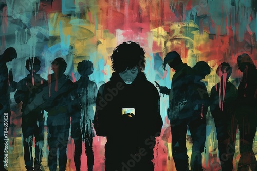 Visual concept of a teenager addicted to a mobile phone and social media, symbolizing cellphone and screen display dependency in children.