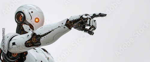 Artificial intelligence robot commands humans and dominates by pointing the index finger, leading a robotic force Isolated on white background, copy space for text or logo, banner concept, mockup