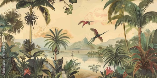 wallpaper jungle and leaves tropical forest birds old drawing vintage 