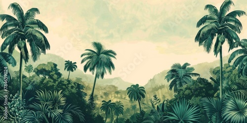 wallpaper jungle and leaves tropical forest birds old drawing vintage - generative ai  