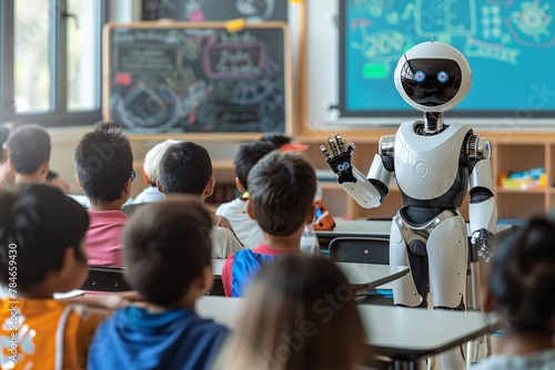 A robot standing at the front of a classroom filled with students, engaging in a teaching or presentation activity