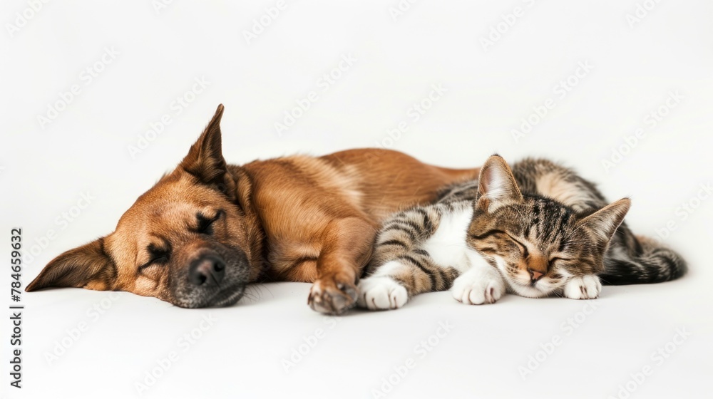 cat and dog lying on white background