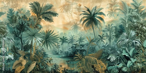 wallpaper jungle and leaves tropical forest birds old drawing vintage - generative ai  