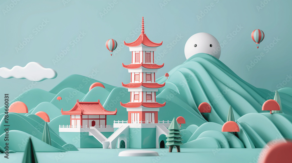 Naklejka premium vector of Taipei city with Taipei 100 building on aerial view and Chinese temple in city, popular travel destination landmark in Asia, Taipei, Taiwan
