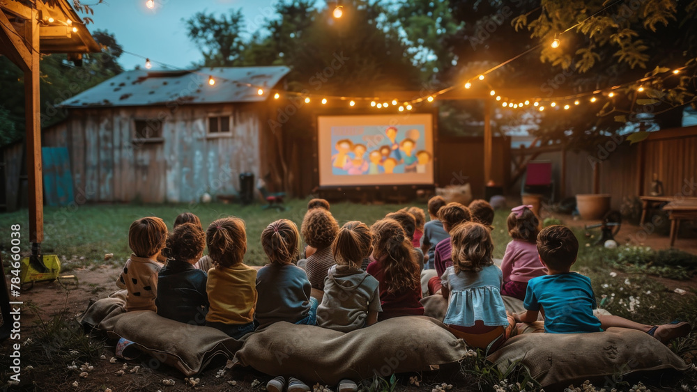 A group of kids gathered on bean bags watches an animated movie in a rustic backyard adorned with fairy lights.