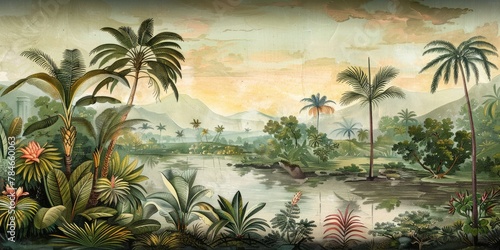 wallpaper jungle and leaves tropical forest birds old drawing vintage 