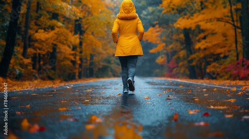 A girl in an orange jacket and jeans walks into the distance along a forest road. He keeps his hands in his pockets. Autumn, yellow leaves all around photo