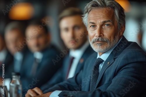 Older male businessmen are sitting at a business meeting, conference or hearing