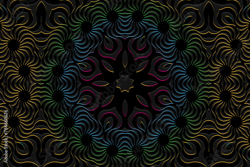 Embossed black background, ethnic cover design. Geometric creative 3D pattern. Tribal handmade style, doodling, art deco. Ornamental boho exoticism of the East, Asia, India, Mexico, Aztec, Peru.
