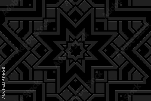 Embossed black background, ethnic cover design. Geometric elegant 3D pattern. Tribal handmade style, doodling, art deco. Ornamental boho exoticism of the East, Asia, India, Mexico, Aztec, Peru.