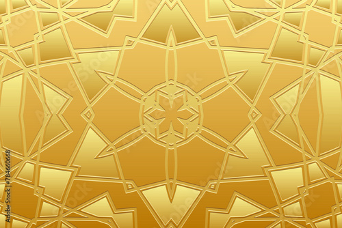 Embossed gold background, ethnic cover design. Geometric gold 3D pattern. Tribal handmade style, doodling, art deco. Ornamental boho exoticism of the East, Asia, India, Mexico, Aztec, Peru.