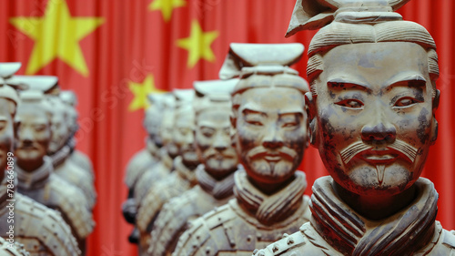 The Terracotta Warriors Beneath the Chinese Flag. Generative ai image. photo