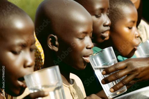 African children drink clean water from glasses outdoors photo