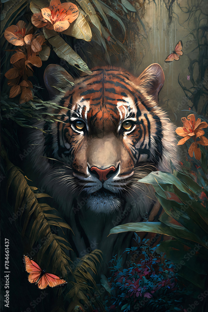 Oil painting in the vintage style of a Portrait of a tiger among roses and palm leaves