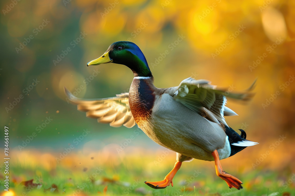 Obraz premium Funny duck running in the garden or the park, flapping its wings, rushing.