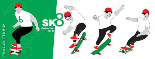 skater characters Collection with skateboard to Do Skateboard Tricks. Vector illustration.Cartoon character. Collection Number 6