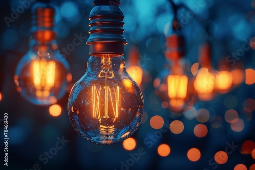 Warm incandescent light bulbs coming alive against a cool twilight backdrop, creating a cozy atmosphere