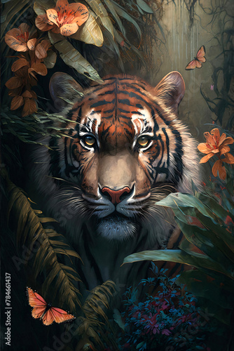 Oil painting in the vintage style of a Portrait of a tiger among roses and palm leaves © haitham