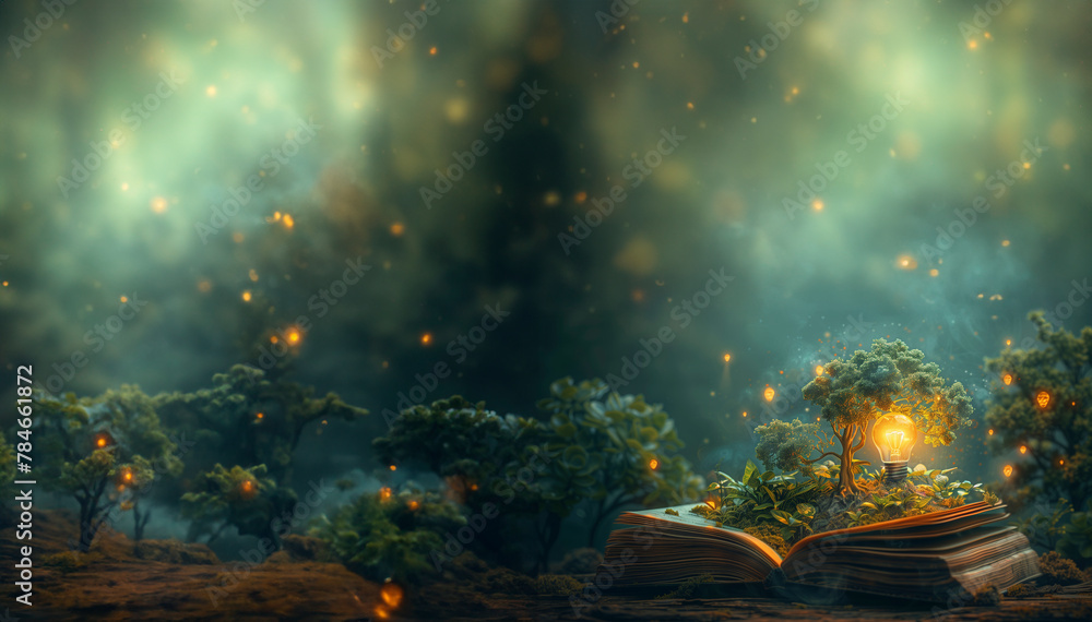 A glowing light bulb over an open book, from which a surreal landscape of celestial bodies, lush trees, and floating pages emerges, symbolizing the illumination of the mind through reading