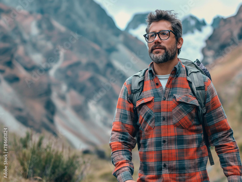 Full body action shot of a handsome 30 year old spanish man hiking. He has a belly and a full bear. He looks like a bair. He is wearing a plaid shirt and glasses. He is hiking the Andean