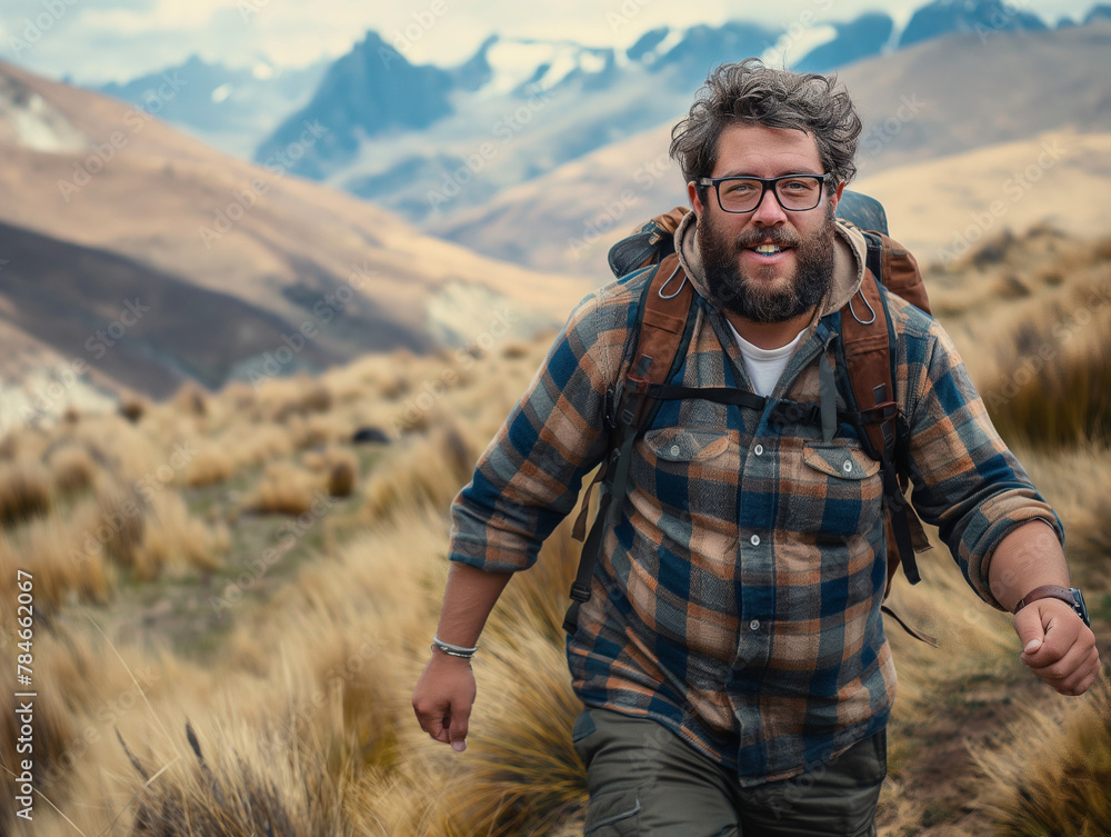 Full body action shot of a handsome 30 year old spanish man hiking. He has a belly and a full bear. He looks like a bair. He is wearing a plaid shirt and glasses. He is hiking the Andean Full body action shot of a handsome 30 year old spanish man hiking. He has a belly and a full bear. He looks like a bair. He is wearing a plaid shirt and glasses. He is hiking the Andean