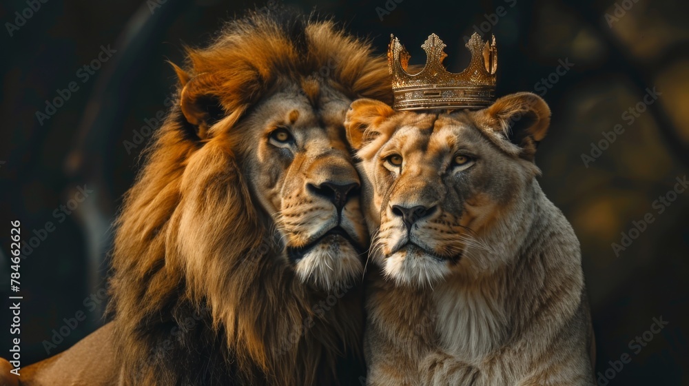 Fototapeta premium Lion king in golden crown background wallpaper concept