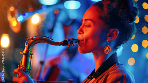 A jazz artist, a black woman is engrossed in playing the saxophone on brightly lit stage. Music festival concept, jazz recognition month