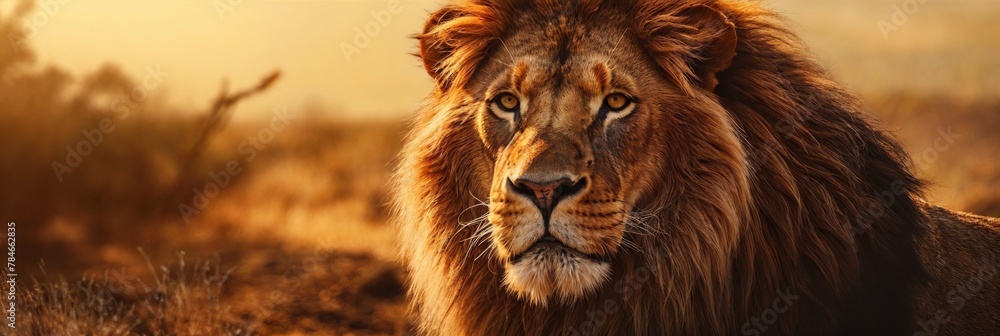 Fototapeta premium close-up view capturing a majestic lion in its natural habitat, standing proudly in a field. The lions mane is full and vibrant, and its intense gaze exudes power and strength