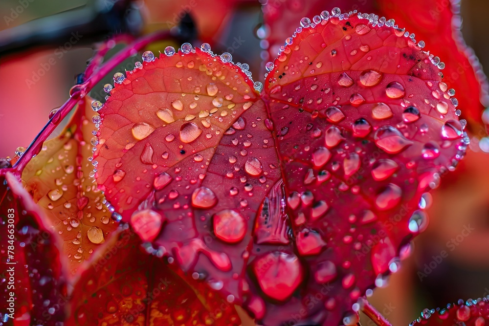 Close-up of dewdrops on a heart-shaped red leaf