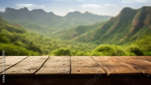 The empty wooden brown table top with blur background of trekking path. Exuberant image. generative AI