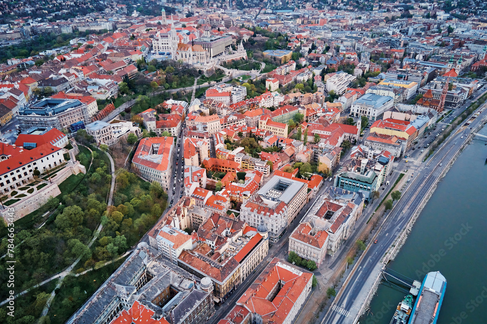 Panoramic view on skyline of Budapest rooftops. Aerial view of capital of Hungary with historical buildings and famous landmarks