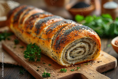 Tasty Poppy seed roll, high detail photography, high definition, cinematic view, Hungarian background
