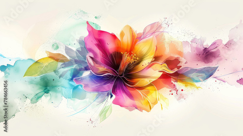 Beautiful ink and watercolor flower in blue, yellow, oink and purple on white background, banner. photo