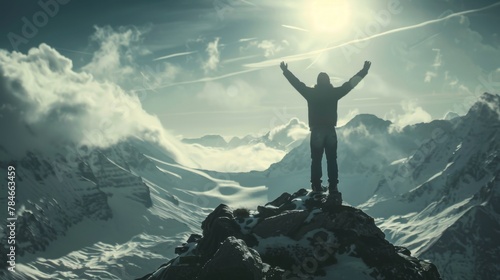 Man winner standing on mountain peak background wallpaper concept