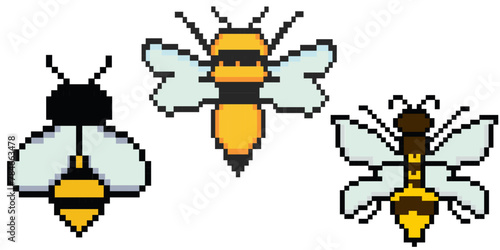 Bee pixel art. Vintage 8 bit, 80s, 90s game style, computer arcade game items. Pixelated mosaic retro game style. 