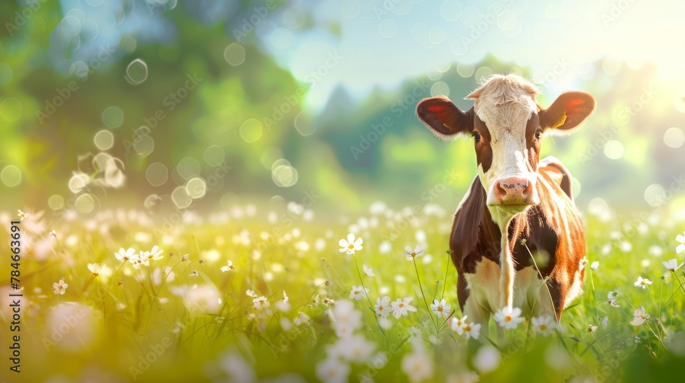 Fotobehang met A funny cow in a green summer meadow. generative ai #784663691