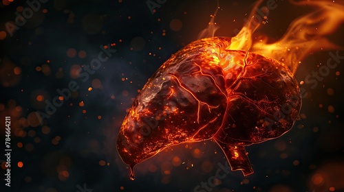 A clear photo depicts a fatty, damaged liver with flames roaring behind it, symbolizing the destructive impact of certain health conditions on vital organs. photo
