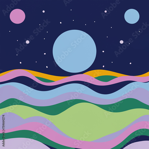 night sky with moon, planets and stars over different color waves of water 