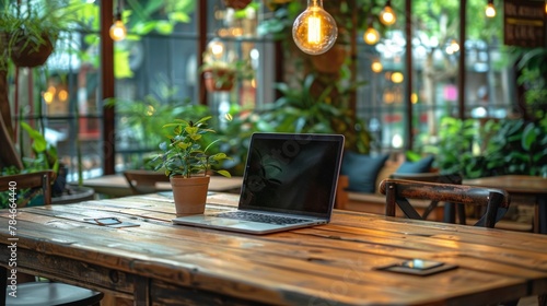Laptop on Table Surrounded by Potted Plants