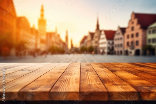 The empty wooden table top with blur background of town square. Exuberant image. generative AI © Summit Art Creations