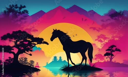 wallpaper depicting the silhouette of a horse in pop-art style