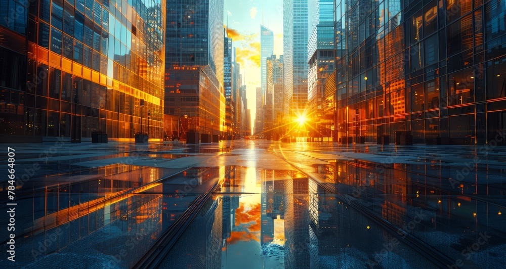 Cityscape With Suns Reflection in Water