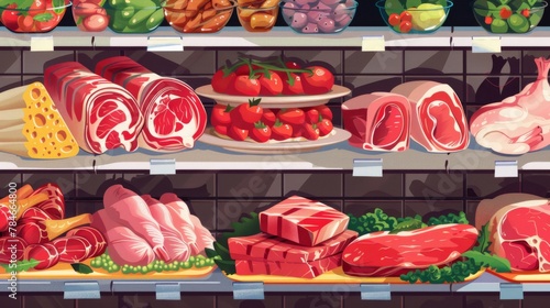 Meat grocery cartoon on supermarket shelfs background wallpaper concept