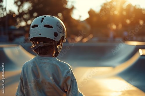 Skateboarder looking at skate ramps in sunset © gearstd