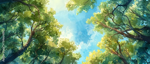 Create a vibrant watercolor masterpiece from a worms-eye view perspective, showcasing a lush forest canopy with vibrant green foliage and a glimpse of the clear blue sky, leaving ample copy space for