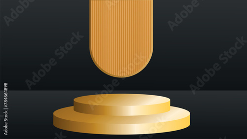 Gold product cylinder display mockup. 3D podium on light beam background.