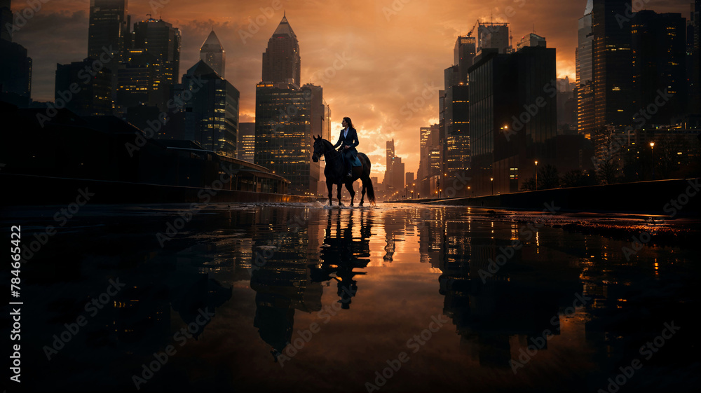 woman on a horse in a city of skyscrapers at the blazing sunset, cinematic frame in an urban landscape