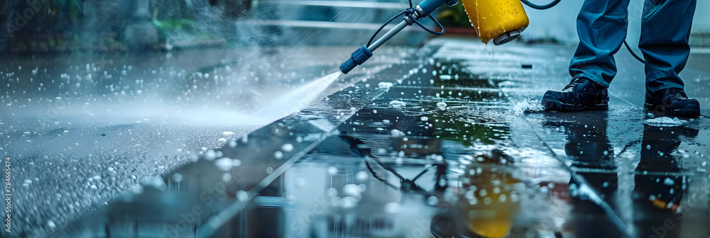 © john - Workers using pressure washer to deep clean driveway for professional cleaning service