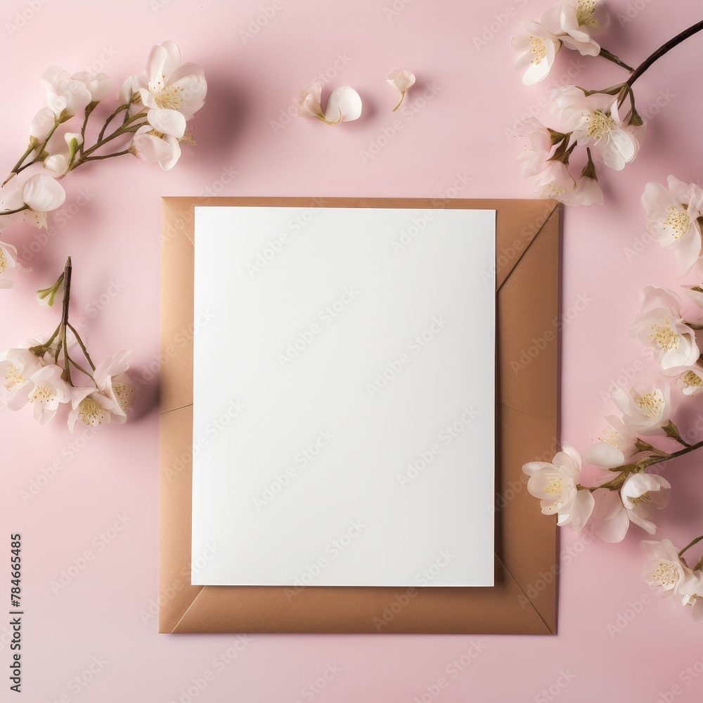 An open brown envelope with a blank white card on a pink background, surrounded by white and pink cherry blossoms. An open brown envelope with a blank white card on a pink background, surrounded by white and pink cherry blossoms.