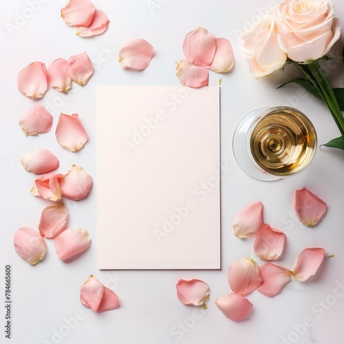A blank note surrounded by pink rose petals with a single pink rose and glass of white wine on a white marble background. photo